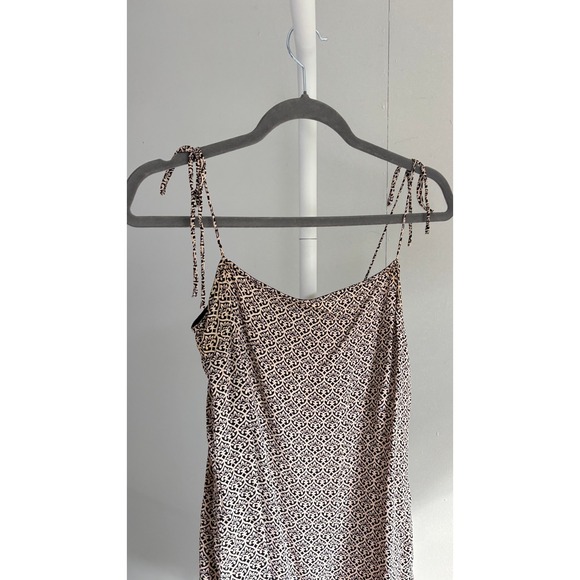 $248 Reformation Mini Dress Womens Small Tan Black Tie Shoulder Medallion Print - Picture 2 of 6